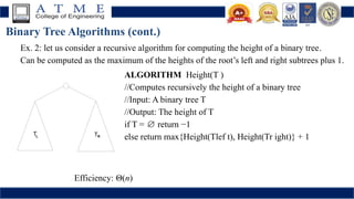 Binary Tree Algorithms (cont.)
Ex. 2: let us consider a recursive algorithm for computing the height of a binary tree.
Can be computed as the maximum of the heights of the root’s left and right subtrees plus 1.
T T
L R
Efficiency: Θ(n)
ALGORITHM Height(T )
//Computes recursively the height of a binary tree
//Input: A binary tree T
//Output: The height of T
if T = return −1
∅
else return max{Height(Tlef t), Height(Tr ight)} + 1
 