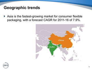 Geographic trendsAsia is the fastest-growing market for consumer flexible packaging, with a forecast CAGR for 2011-16 of 7.9%.13