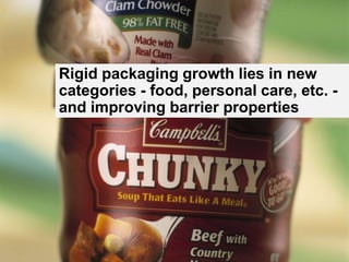 14Rigid PackagingRigid packaging growth lies in new categories - food, personal care, etc. - and improving barrier properties