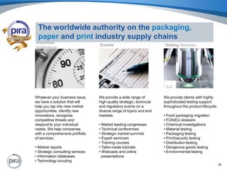 29The worldwide authority on the packaging, paperandprintindustry supply chainsEventsBusiness IntelligenceTesting ServicesWe provide a wide range of high-quality strategic, technical and regulatory events on a diverse range of topics and end markets:• Market leading congresses• Technical conferences• Strategic market summits• Expert seminars• Training courses• Tailor-made tutorials• Webcasts and online  presentationsWhatever your business issue, we have a solution that will help you tap into new market opportunities, identify new innovations, recognise competitive threats and respond to your individual needs. We help companies with a comprehensive portfolio of services:• Market reports• Strategic consulting services• Information databases• Technology scoutingWe provide clients with highlysophisticated testing supportthroughout the product lifecycle:• Food packaging migration• FCN/EU dossiers• Chemical investigations• Material testing• Packaging testing• Print/security testing• Distribution testing• Dangerous goods testing• Environmental testing