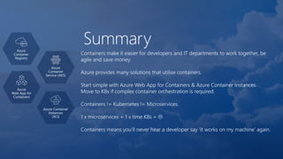 Summary
Azure
Web App for
Containers
Azure
Container
Service (AKS)
Azure Container
Instances
(ACI)
Azure
Container
Registry
Containers make it easier for developers and IT departments to work together, be
agile and save money.
Azure provides many solutions that utilise containers.
Start simple with Azure Web App for Containers & Azure Container Instances.
Move to K8s if complex container orchestration is required.
Containers != Kubernetes != Microservices.
1 x microservices + 1 x time K8s = 
Containers means you’ll never hear a developer say ‘it works on my machine’ again.
 