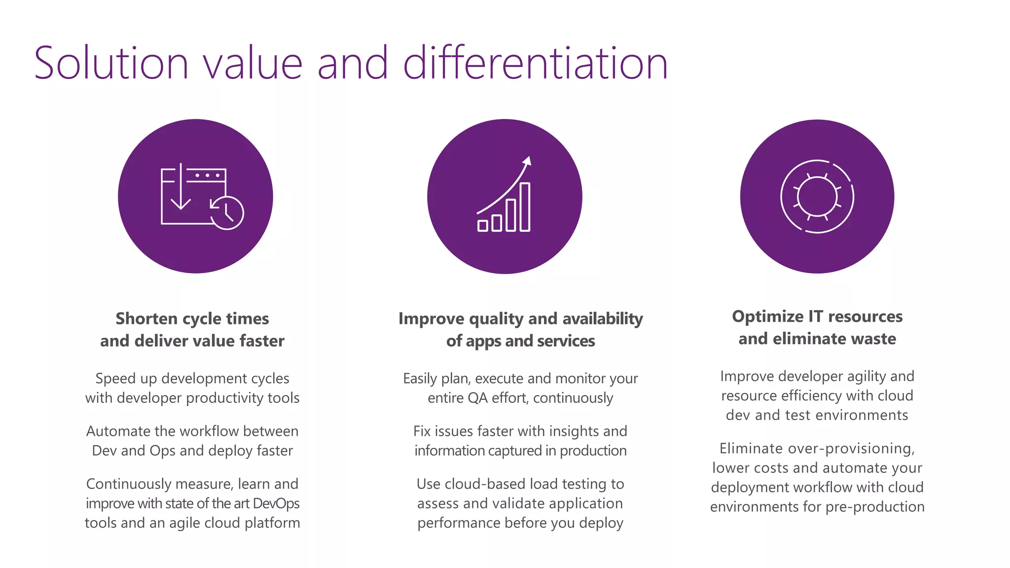 Shorten cycle times
and deliver value faster
Speed up development cycles
with developer productivity tools
Automate the workflow between
Dev and Ops and deploy faster
Continuously measure, learn and
improve with state of the art DevOps
tools and an agile cloud platform
Optimize IT resources
and eliminate waste
Improve developer agility and
resource efficiency with cloud
dev and test environments
Eliminate over-provisioning,
lower costs and automate your
deployment workflow with cloud
environments for pre-production
Improve quality and availability
of apps and services
Easily plan, execute and monitor your
entire QA effort, continuously
Fix issues faster with insights and
information captured in production
Use cloud-based load testing to
assess and validate application
performance before you deploy
Solution value and differentiation
 