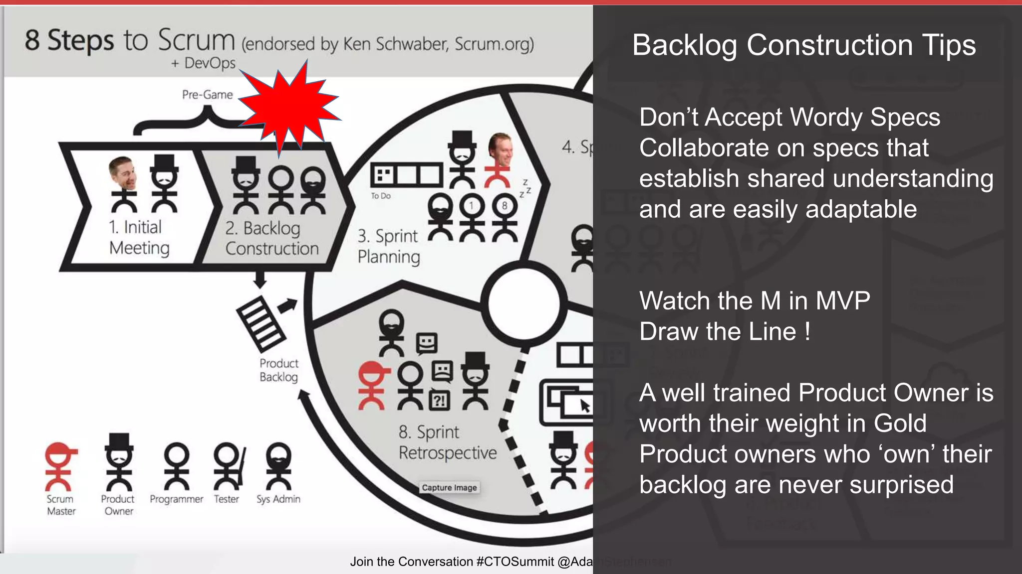 8 Steps to Scrum
Join the Conversation #CTOSummit @AdamStephensen
Don’t Accept Wordy Specs
Collaborate on specs that
establish shared understanding
and are easily adaptable
Watch the M in MVP
Draw the Line !
A well trained Product Owner is
worth their weight in Gold
Product owners who ‘own’ their
backlog are never surprised
Backlog Construction Tips
 