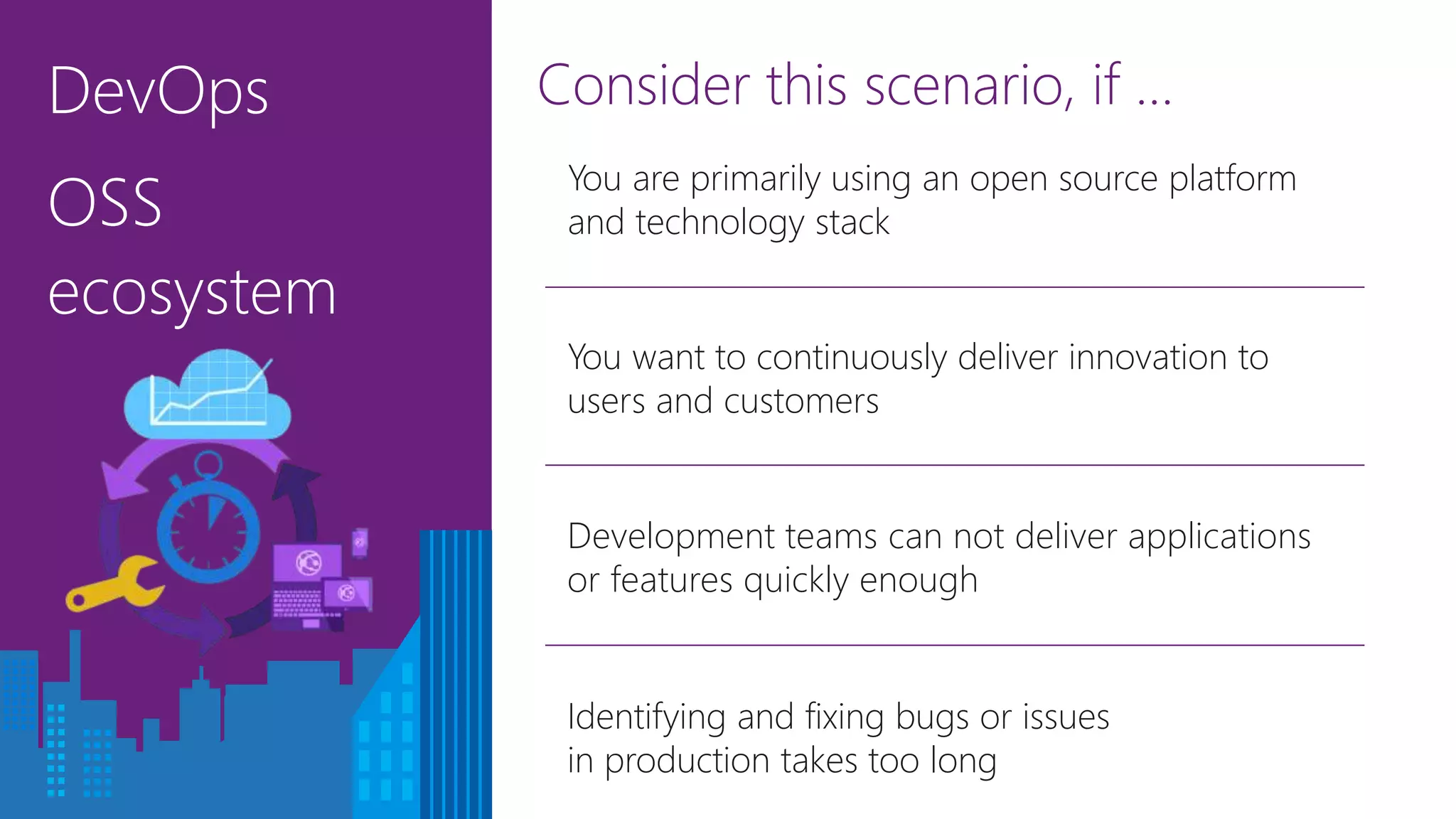 DevOps
OSS
ecosystem
Consider this scenario, if …
You want to continuously deliver innovation to
users and customers
Identifying and fixing bugs or issues
in production takes too long
Development teams can not deliver applications
or features quickly enough
You are primarily using an open source platform
and technology stack
 