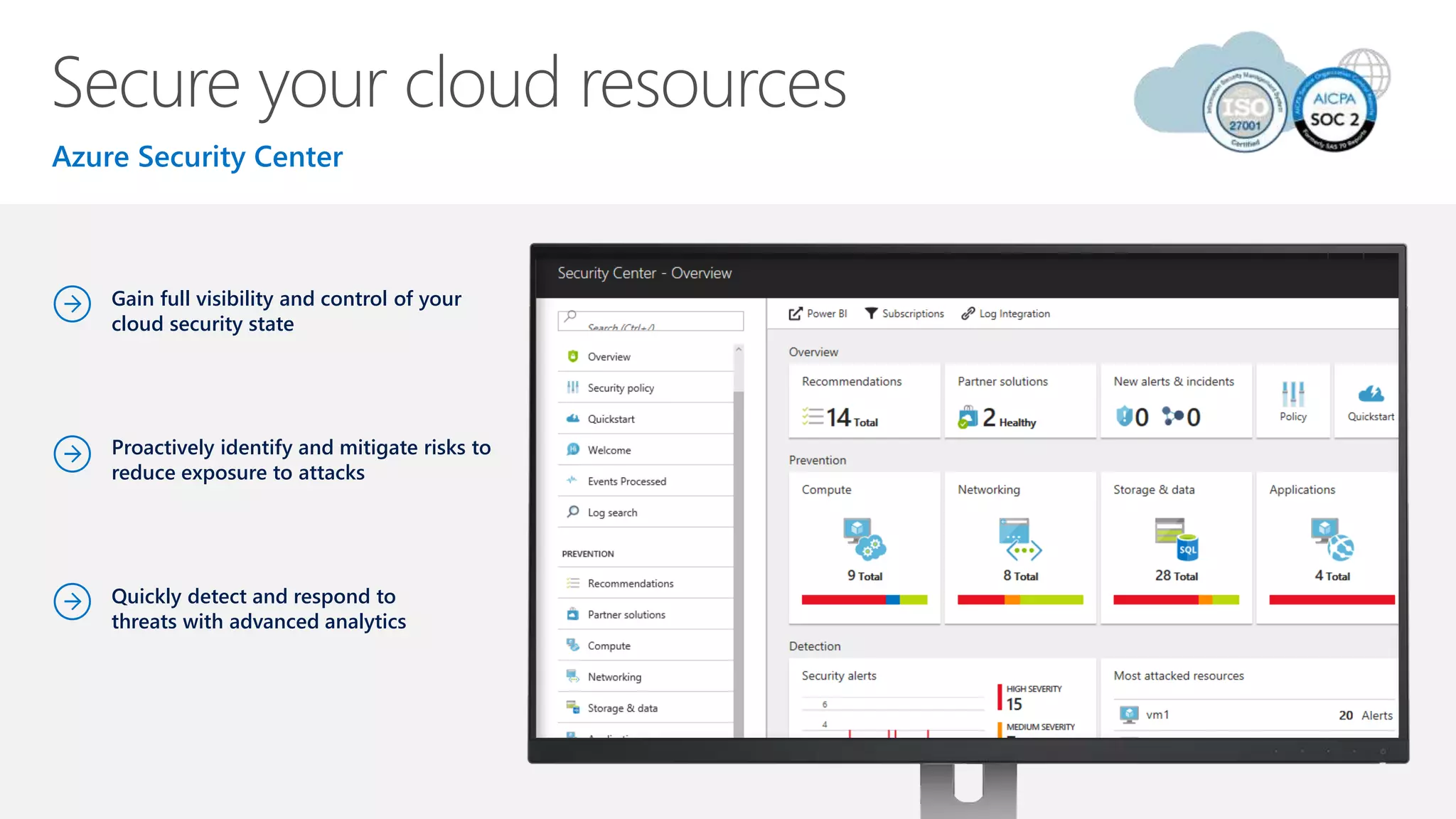 Gain full visibility and control of your
cloud security state
Proactively identify and mitigate risks to
reduce exposure to attacks
Quickly detect and respond to
threats with advanced analytics
 