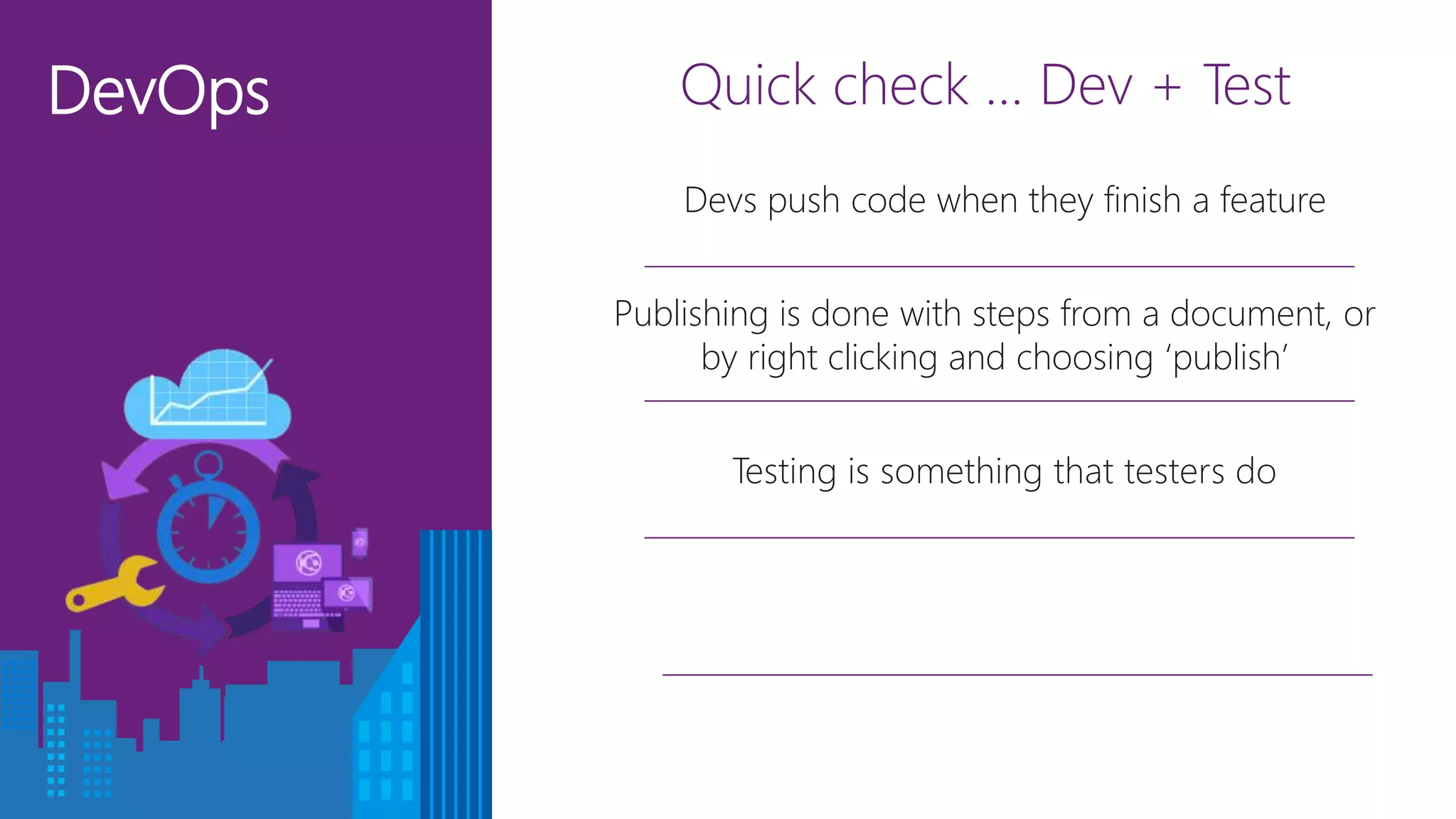 DevOps Quick check … Dev + Test
Publishing is done with steps from a document, or
by right clicking and choosing ‘publish’
Testing is something that testers do
Devs push code when they finish a feature
 