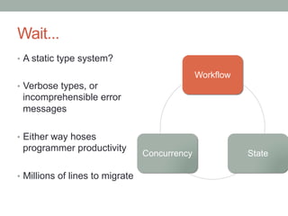 Wait...
•  A static type system?
•  Verbose types, or
incomprehensible error
messages
•  Either way hoses
programmer productivity
•  Millions of lines to migrate
Workflow
StateConcurrency
 