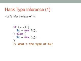 Hack Type Inference (1)
•  Let’s infer the type of $x:
 