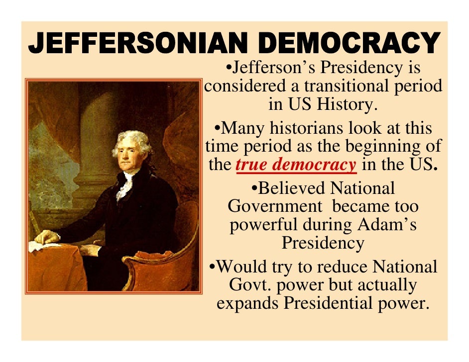 jeffersonian republic Although jeffersonian republicanism established a more liberal status quo in comparison with the old federalist policies, jacksonian democraciesà  conservative. jeffersonian republic Although jeffersonian republicanism established a more liberal status quo in comparison with the old federalist policies, jacksonian democraciesà  conservative.