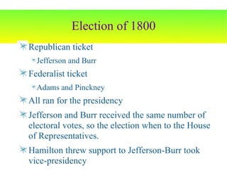 Election of 1800 Republican ticket Jefferson and Burr Federalist ticket Adams and Pinckney All ran for the presidency Jefferson and Burr received the same number of electoral votes, so the election when to the House of Representatives. Hamilton threw support to Jefferson-Burr took vice-presidency 
