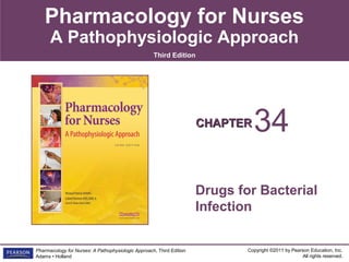 Pharmacology for Nurses
      A Pathophysiologic Approach
                                                    Third Edition




                                                                      CHAPTER   34
                                                                      Drugs for Bacterial
                                                                      Infection


Pharmacology for Nurses: A Pathophysiologic Approach, Third Edition           Copyright ©2011 by Pearson Education, Inc.
Adams • Holland                                                                                      All rights reserved.
 