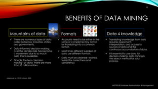 BENEFITS OF DATA MINING
Mountains of data
 There are numerous types of data
collected across industries, states,
and governments.
 Data-informed decision-making
over the last decade has become
a movement due to so much
data that is available.
 Google the term ‘decision
making’ or ‘data’ there are more
than 50 million entries.
Formats
 Accounts need to be either in the
same or complementary format
for translating into a common
format.
 Most times different suppliers of
data use different formats.
 Data must be cleaned—edited,
tested for correctness and
consistency.
Data 4 knowledge
 Translating knowledge from data
requires assessment,
interpretation, and access to
sources of data and the
continuous accumulation of data.
 It is essential to use data for
decision-making. Data mining is
the search method for said
process.
MIS7002-8 Database Administration & Management
10
Jianping et al., 2010; Schoors, 2000
 