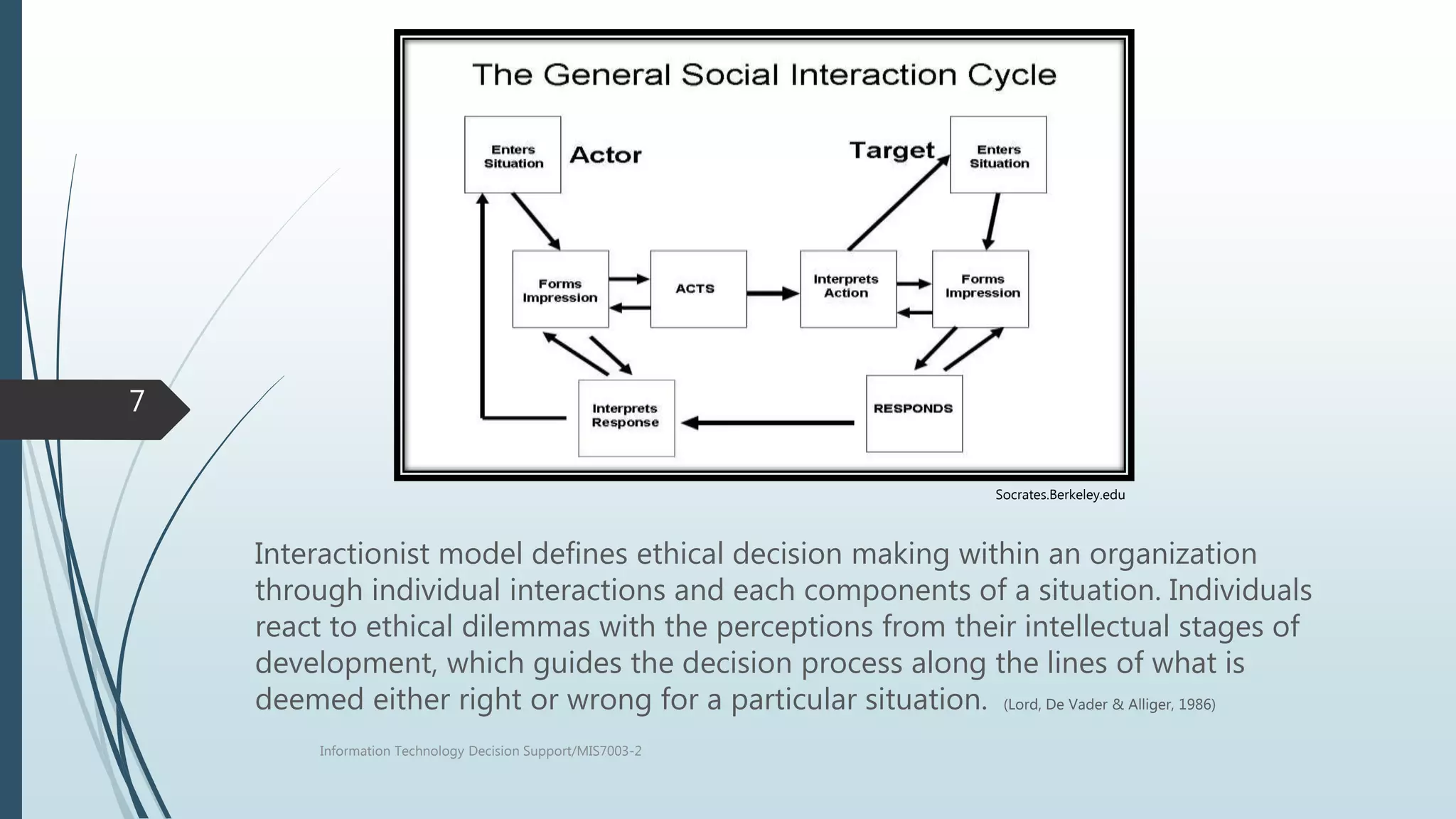 Interactionist model defines ethical decision making within an organization
through individual interactions and each components of a situation. Individuals
react to ethical dilemmas with the perceptions from their intellectual stages of
development, which guides the decision process along the lines of what is
deemed either right or wrong for a particular situation. (Lord, De Vader & Alliger, 1986)
Information Technology Decision Support/MIS7003-2
7
Socrates.Berkeley.edu
 