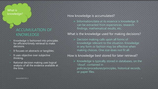 ACCUMULATION OF
KNOWLEDGE
How knowledge is accumulated?
 Information/data at its essence is knowledge. It
can be extracted from experiences, research
findings, mathematical results, etc.
What is the knowledge used for making decisions?
 Decision making calls upon all forms of
knowledge relevant to the situation. Knowledge
in any form or fashion may be effective when
making choices. One size does not fit all.
How is knowledge best stored for later retrieval?
 Knowledge is typically stored in databases, on the
‘cloud’, contained in
policies/procedures/principles, historical records,
or paper files.
• Knowledge is fashioned into principles
for efficient/timely retrieval to make
decisions.
• It focuses on abstracts or tangibles.
• It uses objective over subjective
thinking.
• Rational decision making uses logical
analysis of all the evidence available at
the time.
AdamsDMIS7003-4 5
What is
knowledge?
 