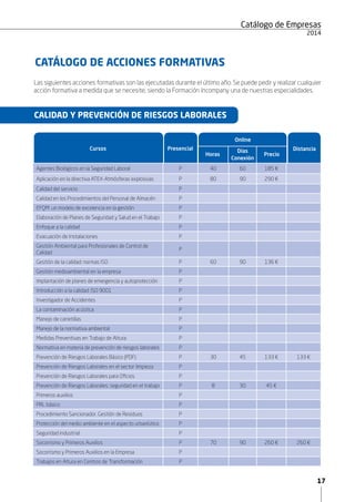 17
Catálogo de Empresas
2015
CALIDAD Y PREVENCIÓN DE RIESGOS LABORALES
Cursos
Agentes Biológicos en la Seguridad Laboral P 40 60 185 €
Aplicación en la directiva ATEX-Atmósferas explosivas P 80 90 260 €
Calidad del servicio P
Calidad en los Procedimientos del Personal de Almacén P
EFQM: un modelo de excelencia en la gestión P
Elaboración de Planes de Seguridad y Salud en el Trabajo P
Enfoque a la calidad P
Evacuación de Instalaciones P
Gestión Ambiental para Profesionales de Control de
Calidad
P
Gestión de la calidad: normas ISO P 60 90 136 €
Gestión medioambiental en la empresa P
Implantación de planes de emergencia y autoprotección P
Introducción a la calidad: ISO 9001 P
Investigador de Accidentes P
La contaminación acústica P
Manejo de carretillas P
Manejo de la normativa ambiental P
Medidas Preventivas en Trabajo de Altura P
Normativa en materia de prevención de riesgos laborales P
Prevención de RRLL P 50 60 190 €
Prevención de Riesgos Laborales Básico (PDF) P 30 45 133 € 133 €
Prevención de Riesgos Laborales en el sector limpieza P
Prevención de Riesgos Laborales para Oficios P
Prevención de Riesgos Laborales: seguridad en el trabajo P 8 30 45 €
Primeros auxilios P
PRL básico P
Procedimiento Sancionador. Gestión de Residuos P
Protección del medio ambiente en el aspecto urbanístico P
Seguridad industrial P
Socorrismo y Primeros Auxilios P 70 90 260 € 260 €
Socorrismo y Primeros Auxilios en la Empresa P
Trabajos en Altura en Centros de Transformación P
Presencial Distancia
Online
Horas
Días
Conexión
Precio
Las siguientes acciones formativas son las ejecutadas durante el último año. Se puede pedir y realizar cualquier
acción formativa a medida que se necesite, siendo la Formación Incompany una de nuestras especialidades.
CALIDAD Y PREVENCIÓN DE RIESGOS LABORALES
CATÁLOGO DE ACCIONES FORMATIVAS
 