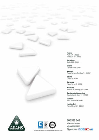 36
ADAMS
ADAMS Formación y Centro de Estudios ADAMS son los
nombres comerciales de:
Centro de Estudios Velázquez, S.A. en Madrid
Centro de Estudios Adams Barcelona S.A. en Barcelona
y Girona
Centro de Estudios Administrativos y Profesionales S.A.
en Valencia
Centro de Estudios Andalucía, S.A. en Sevilla
Centro de Estudios Profesionales de Aragón, S.A. en
Zaragoza
Centro de Estudios Profesionales de Galicia S.A. en A Coruña,
Ourense y Santiago de Compostela
Centro de Estudios Adams Ediciones Valbuena, S.A. para la
Formación Online y Distancia
Las enseñanzas impartidas por este centro no conducen a la ob-
tención de un título con validez oficial, salvo que sean Certificados
de Profesionalidad acreditados por el organismo competente.
En nuestros centros y en la web www.adams.es se dispone
de información sobre los contenidos, duración, lugar, material
necesario, horarios, precios y forma de pago de nuestros productos
y/o servicios.
En cursos el precio incluye el material necesario, excepto en los de
idiomas. En oposiciones el precio no lo incluye siendo obligatorio
para el alumno adquirir los libros de preparación para matricularse
en clases presenciales siempre que estén editados.
En cursos debe abonarse el importe completo del curso, que
en algunos casos puede dividirse en plazos. En oposiciones el
abono de las clases es mensual, excepto cuando se programa una
duración concreta.
En los cursos por internet, el alumno necesitará una conexión a
internet no incluida en el precio del curso.
El número de alumnos para iniciar cursos en clases presenciales
será de un mínimo de 20 y un máximo de 50.
No se admite reserva de plaza, ni existe sistema de financiación.
Los profesores que imparten los cursos son titulados universita-
rios, o en su defecto, poseen alta cualificación y/o experiencia en
la materia a impartir.
No existe derecho de desistimiento, salvo en ventas a través de
la web. En este caso el plazo será de 14 días contados desde
la celebración del contrato, debiendo comunicarse en el depar-
tamento de atención al cliente, y abonar la parte proporcional
del servicio prestado, en el caso de cursos iniciados. Y en el
caso de libros, CD-ROM, DVD, Video… se deben devolver con el
precinto original.
En cursos y oposiciones Online no se admiten bajas una vez
iniciado el curso. En oposiciones presenciales se puede causar
baja comunicándola en los departamentos de atención al cliente
antes del día 25 del mes anterior cumplimentando el documento
de baja.
Los datos sobre convocatorias incluidos en folletos tienen un
carácter exclusivamente orientativo. Para conocer si están
en vigor consulte el Diario Oficial o la Administración Pública
correspondiente.
 