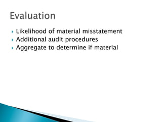 }  Likelihood of material misstatement
}  Additional audit procedures
}  Aggregate to determine if material
 