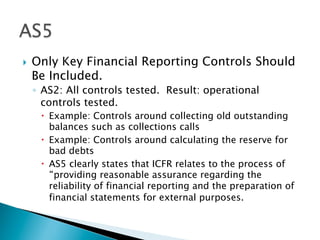 }  Only Key Financial Reporting Controls Should
Be Included.
◦  AS2: All controls tested. Result: operational
controls tested.
–  Example: Controls around collecting old outstanding
balances such as collections calls
–  Example: Controls around calculating the reserve for
bad debts
–  AS5 clearly states that ICFR relates to the process of
“providing reasonable assurance regarding the
reliability of financial reporting and the preparation of
financial statements for external purposes.
 