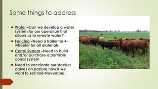 Some things to address
 Water –Can we develop a water
system for our operation that
allows us to remote water?
 Fencing –Need a trailer for 4-
wheeler for all materials
 Corral System –Need to build
and/or purchase a portable
corral system
 Need to vaccinate our stocker
calves on pasture now if we
want to sell mid-November.
 