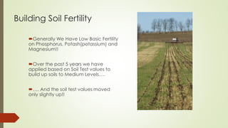 Building Soil Fertility
Generally We Have Low Basic Fertility
on Phosphorus, Potash(potassium) and
Magnesium!!
Over the past 5 years we have
applied based on Soil Test values to
build up soils to Medium Levels….
…. And the soil test values moved
only slightly up!!
 