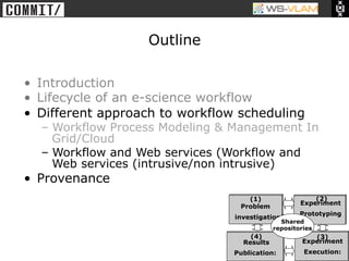 • Clck to edit Master title
           style




                                  Outline

        •  Introduction
        •  Lifecycle of an e-science workflow
        •  Different approach to workflow scheduling
                  –  Workflow Process Modeling & Management In
                     Grid/Cloud
                  –  Workflow and Web services (Workflow and
                     Web services (intrusive/non intrusive)
        •  Provenance
                                                   (1)                  (2)
                                                                    Experiment
                                                 Problem
                                                                    Prototyping
                                                investigation:
                                                              Shared
                                                            repositories
                                                    (4)                (3)
                                                  Results           Experiment
                                                Publication:         Execution:
 