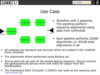 • Clck to edit Master title
            style




                               Use Case

                                        •  Workflow with 2 pipelines.
                                           The pipelines perform
                                           sequence alignments using
                                           data from UniProtKB

                                        •  Each pipeline performs 22500
                                           alignments i.e. 45100 total
                                           alignments in all
•  All modules are standard web services which are hosted in the modified
   Axis2 container
•  The alignments where performed using BioJava api
•  Source and sink are part of the bootstrapping sequence. Source submits
   the getSequenceId service while sink waits for output from the
   htmlRenderer
•  The Distributed ASCI Computer 3 (DAS3) was used as the resource pool.
     www.uniprot.org
 