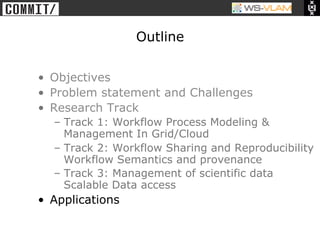 • Clck to edit Master title
           style




                                             Outline

                  •  Objectives
                  •  Problem statement and Challenges
                  •  Research Track
                              –  Track 1: Workflow Process Modeling &
                                 Management In Grid/Cloud
                              –  Track 2: Workflow Sharing and Reproducibility
                                 Workflow Semantics and provenance
                              –  Track 3: Management of scientific data
                                 Scalable Data access
                  •  Applications
 
