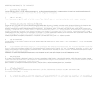 IMPORTANT INFORMATION FOR PURCHASERS
1.	 ESTIMATES AND RESERVES
These are shown below each lot in this sale. All amounts shown are in Euro. The figures shown are provided merely as a guide to prospective purchasers. They are approximate prices which are
expected, are not definitive and are subject to revision. Reserves, if any, will not be any higher than the lower estimate.
2.	 PADDLE BIDDING
All intending purchasers must register for a paddle number before the auction. Please allow time for registration. Potential purchasers are recommended to register on viewing days.
3.	 PAYMENT, DELIVERY AND PURCHASERS PREMIUM
Thursday 24th March 2016. Under no circumstances will delivery of purchases be given whilst the auction is in progress. All purchases must be paid for and removed from the premises not later
than Thursday 24th March 2016 at the purchaser’s risk and expense. After this time all uncollected lots will be removed to commercial storage and additional charges will apply.
Auctioneers commission on purchases is charged at the rate of 20% (exclusive of VAT). Terms: Strictly cash, bankers draft or cheque drawn on an Irish bank. Cheques will take a minimum of five
workings days to clear the bank, unless they have been vouched to our satisfaction prior to the sale, or you have a previous cheque payment history with Adam’s. Purchasers wishing to pay by credit
card (Visa & MasterCard) may do so, however, it should be noted that such payments will be subject to an administrative fee of 1.5% on the invoice total. American Express is subject to a charge of
3.65% on the invoice total. Debit cards including laser card payments are not subject to a surcharge, there are however daily limits on Laser card payments. Bank Transfer details on request. Please
ensure all bank charges are paid in addition to the invoice total, in order to avoid delays in the release of items.
Goods will only be released upon clearance through the bank of all monies due. Artists Resale Rights (Droit de Suite) is NOT payable by purchasers.
4.	 VAT REGULATIONS
All lots are sold within the auctioneers VAT margin scheme. Revenue Regulations require that the buyers premium must be invoiced at a rate which is inclusive of VAT. This is not recoverable by any
VAT registered buyer.
5.	 It is up to the bidder to satisfy themselves prior to buying as to the condition of a lot. Whilst we make certain observations on the lot, which are intended to be as helpful as possible, refer-
ences in the condition report to damage or restoration are for guidance only and should be evaluated by personal inspection by the bidder or a knowledgeable representative. The absence of such a
reference does not imply that an item is free from defects or restoration, nor does a reference to particular defects imply the absence of any others. The condition report is an expression of opinion
only and must not be treated as a statement of fact.
Please ensure that condition report requests are submitted before 12 noon on Saturday 19th March as we cannot guarantee that they will be dealt with after this time.
6.	 ABSENTEE BIDS
We are happy to execute absentee or written bids for bidders who are unable to attend and can arrange for bidding to be conducted by telephone. However, these services are subject to special
conditions (see conditions of sale in this catalogue). All arrangements for absentee and telephone bidding must be made before 5pm on the day prior to sale. Cancellation of bids must be confirmed
before this time and cannot be guaranteed after the auction as commenced.
Bidding by telephone may be booked on lots with a minimum estimate of €500. Early booking is advisable as availability of lines cannot be guaranteed.
7.	ACKNOWLEDGMENTS
We would like to acknowledge, with thanks, the assistance of Catherine Marshall, Karen Reihill, Dr. Roisin Kennedy, Nora Hickey, Dr. Paul Caffery, Dickon Hall, Fiana Griffin,
Medb Ruane, Ciarán Mac Gonigal. Dr. S.B. Kennedy.
8. 	 ALL LOTS ARE BEING SOLD UNDER THE CONDITIONS OF SALE AS PRINTED IN THIS CATALOGUE AND ON DISPLAY IN THE SALEROOMS.
 