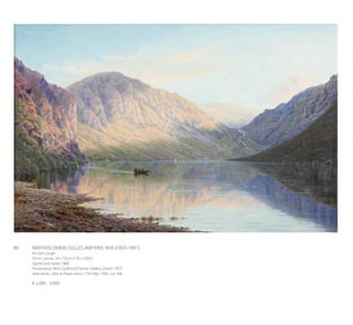 80	 BARTHOLOMEW COLLES WATKINS RHA (1833-1891)
An Irish Lough
Oil on canvas, 34 x 52cm (13½ x 20½’’)
Signed and dated 1880
Provenance: With Cynthia O’Connor Gallery, Dublin 1977
label verso. Sold at these rooms 17th May 1990, Lot 108.
€ 2,000 - 3,000
 