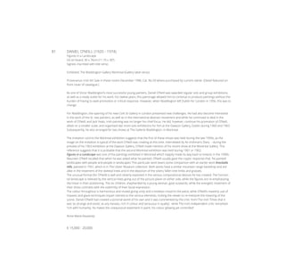 81	 DANIEL O’NEILL (1920 - 1974)
Figures in a Landscape
Oil on board, 30 x 76cm (11.75 x 30”)
Signed, inscribed with title verso
Exhibited: The Waddington Gallery Montreal (Gallery label verso)
Provenance: Irish Art Sale in these rooms December 1996, Cat. No.59 where purchased by current owner. (Detail featured on
front cover of catalogue.)
As one of Victor Waddington’s most successful young painters, Daniel O’Neill was awarded regular solo and group exhibitions,
as well as a ready outlet for his work. For twelve years, this patronage allowed him to continue to produce paintings without the
burden of having to seek promotion or critical response. However, when Waddington left Dublin for London in 1956, this was to
change.
For Waddington, the opening of his new Cork St Gallery in London presented new challenges. He had also become interested
in the work of the St. Ives painters, as well as in the international abstract movement and while he continued to deal in the
work of O’Neill, and Jack Yeats, Irish painting was no longer his chief focus. He did, however, continue his promotion of O’Neill,
albeit on a smaller scale, and organised two more solo exhibitions for him at the Dawson Gallery, Dublin during 1960 and 1963.
Subsequently, he also arranged for two shows at The Gallerie Waddington, in Montreal.
The invitation card to the Montreal exhibition suggests that the first of these shows was held during the late 1950s, as the
image on the invitation is typical of the work O’Neill was creating at this time. Interviewed by An Irishman’s Diary - during the
preview of his 1963 exhibition at the Dawson Gallery, O’Neill made mention of his recent show at the Montreal Gallery. This
reference suggests that it is probable that the second Montreal exhibition was held during 1961 or 1962.
Figures in a Landscape was one of the paintings exhibited in Montreal which happily made its way back to Ireland, in the 1990s.
Maureen O’Neill recalled that when he was asked what he painted, O’Neill usually gave the cryptic response that, ‘he painted
landscapes with people and people in landscapes’.This particular work bears some comparison with an earlier work Knockalla
Hills, painted in 1951, which is in The Ulster Museum collection. Both works have a similar mountain range backdrop and are
alike in the treatment of the skeletal trees and in the depiction of the silvery fallen tree limbs and grasses.
The unusual format (for O’Neill) is well and cleverly exploited in the various compositional devices he has created. The horizon-
tal landscape is relieved by the vertical trees going out of the picture plane on either side, while the figures are re-emphasising
the linear in their positioning. The six children, shepherded by a young woman, gaze outwards, while the energetic treatment of
their dress contrasts with the solemnity of their facial expression.
The colour throughout is harmonious and muted giving unity and a timeless mood to the piece, while O’Neill’s masterly use of
impasto and glaze techniques impart interest to the various elements, inviting the viewer to re-interpret the meaning of the
scene. Daniel O’Neill had created a pictorial world of his own and it was commented by the critic from The Irish Times that it
was ‘as strange and exotic as any Xanadu, rich in colour and sensuous in quality’, while The Irish Independent critic remarked:
‘rich with humanity, he makes the unequivocal statement in paint; his colour glowing yet controlled’.
Anne-Marie Keaveney
€ 15,000 - 20,000
 