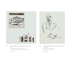 88	 COLIN MIDDLETON MBE RHA RUA (1910-1983)
Miel
Indian ink and wash, 21 x 19.5cm (8¼ x 7¼’’)
Signed with monogram, inscribed and dated 20 April ‘73
€ 500 - 800
89	 COLIN MIDDLETON MBE RHA RUA (1910-1983)
Enjoying a Puff
Pen and ink, 24 x 19cm (9½ x 7½’’)
Signed and dated 2 Nov 1947
€ 400 - 500
 