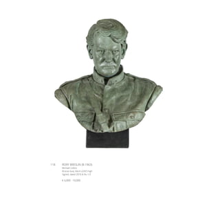118	 RORY BRESLIN (B.1963)
Michael Collins
Bronze bust, 60cm (23½”) high
Signed, dated 2010 & No 1/3
€ 6,000 - 10,000
 