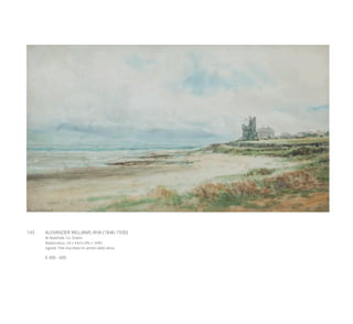 143	 ALEXANDER WILLIAMS RHA (1846-1930)
At Malahide, Co. Dublin
Watercolour, 24 x 43cm (9½ x 16¾’’)
Signed. Title inscribed on artist’s label verso
€ 400 - 600
 