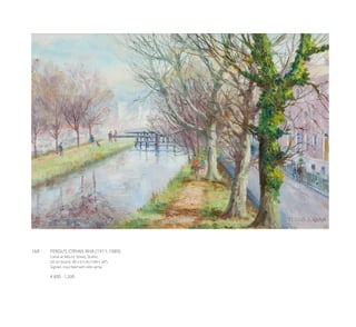 168	 FERGUS O’RYAN RHA (1911-1989)
Canal at Mount Street, Dublin
Oil on board, 40 x 61cm (15¾ x 24’’)
Signed. Inscribed with title verso
€ 800 - 1,200
 