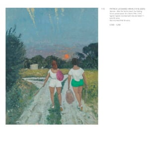 172	 PATRICK LEONARD HRHA (1918-2005)
Skerries - After the Tennis match, Sun Setting
Oil on canvas board, 50 x 39cm (19¾ x 15¼”)
Signed. Signed, inscribed with title and dated 11
June ‘85 verso.
Also inscribed RHA ‘96 verso
€ 800 - 1,200
 
