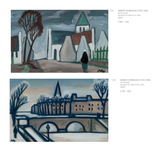 175	 MARKEY ROBINSON (1918-1999)
By the Church
Gouache, 33 x 50cm (13 x 19½”)
Signed
€ 800 - 1,200
176	 MARKEY ROBINSON (1918-1999)
On the Seine
Gouache, 32 x 50cm (12½ x 19½”)
Signed
€ 700 - 1,000
 