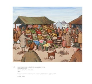 177	 GLADYS MACCABE HROI, FRSA, HRUA, MA (B.1918)
Donegal Market Scene
Oil on board, 48 x 59cm (18¾ x 23¼”)
Signed
Provenance: Commissioned by the present owner through Stables Gallery, Co. Derry in 1991
€ 2,000 - 3,000
 