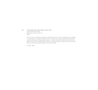 181	 TOM CARR HRHA HRUA ARWS (1909-1999)
Farmstead with Cattle Grazing
Watercolour, 36 x 56cm (14¼ x 22’’)
Signed
Tom Carr was born in Belfast and studied at the Slade School of Art in London. He exhibited in various galleries
in London where he remained for several years, and in 1933 took part in a group exhibition where the artists
declared themselves to be ‘Objective Abstractionists’. In 1939 he returned to Northern Ireland where he had
regular shows at the Tom Caldwell Gallery in Belfast. In the 1980’s two major retrospectives of Carr’s work were
held, one at the Ulster Museum (1983) and one at the RHA (1989).
€ 1,200 - 1,800
 