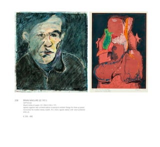208	 BRIAN MAGUIRE (B.1951)
Self Portrait
Mixed media on paper, 42 x 38cm (16½ x 15’’)
Signed; together with a limited edition screenprint entitled ‘Design for blow-up plastic
monument for Grafton Street, Dublin’, 45 x 33cm, signed, dated 12/81 and numbered
4/50. (2)
€ 250 - 400
 