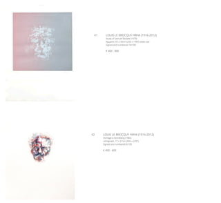 41	 LOUIS LE BROCQUY HRHA (1916-2012)
Study of Samuel Beckett (1979)
Aquatint, 65 x 50cm (25½ x 19¾”) sheet size
Signed and numbered 14/100
€ 600 - 800
42	 LOUIS LE BROCQUY HRHA (1916-2012)
Homage à Strindberg (1982)
Lithograph, 77 x 57cm (30¼ x 22½”)
Signed and numbered 9/100
€ 400 - 600
 