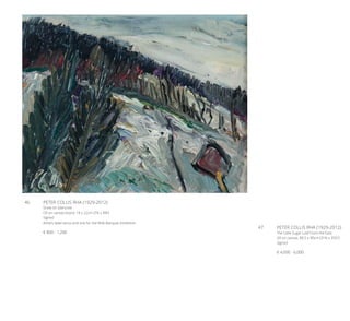 46	 PETER COLLIS RHA (1929-2012)
Snow on Glencree
Oil on canvas board, 18 x 22cm (7¼ x 8¾’’)
Signed
Artist’s label verso and one for the RHA Banquet Exhibition
€ 800 - 1,200
47	 PETER COLLIS RHA (1929-2012)
The Little Sugar Loaf From the East
Oil on canvas, 80.5 x 90cm (31¾ x 35½”)
Signed
€ 4,000 - 6,000
 