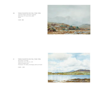 60	 FRANK EGGINTON RCA FIAL (1908-1990)
Thatched Cottage in Mountain Landscape
Watercolour, 37 x 53cm (14½ x 20¾’’)
Signed
€ 600 - 800
61	 FRANK EGGINTON RCA FIAL (1908-1990)
Mulroy Bay, Co.Donegal
Watercolour, 53.5 x 73.5 (21 x 29’’)
Signed and dated (19)76
Provenance: The Gallery, Dunfanaghy, where purchased.
€ 800 - 1,200
 