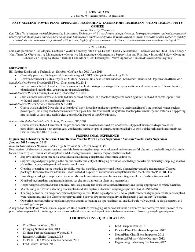 justin adams 217 620 0775 adamsjustin91gmailcom navy nuclear power - Nuclear Power Plant Engineer Sample Resume justin adams 217 620 0775 adamsjustin91gmailcom navy nuclear power - Nuclear Power Plant Engineer Sample Resume