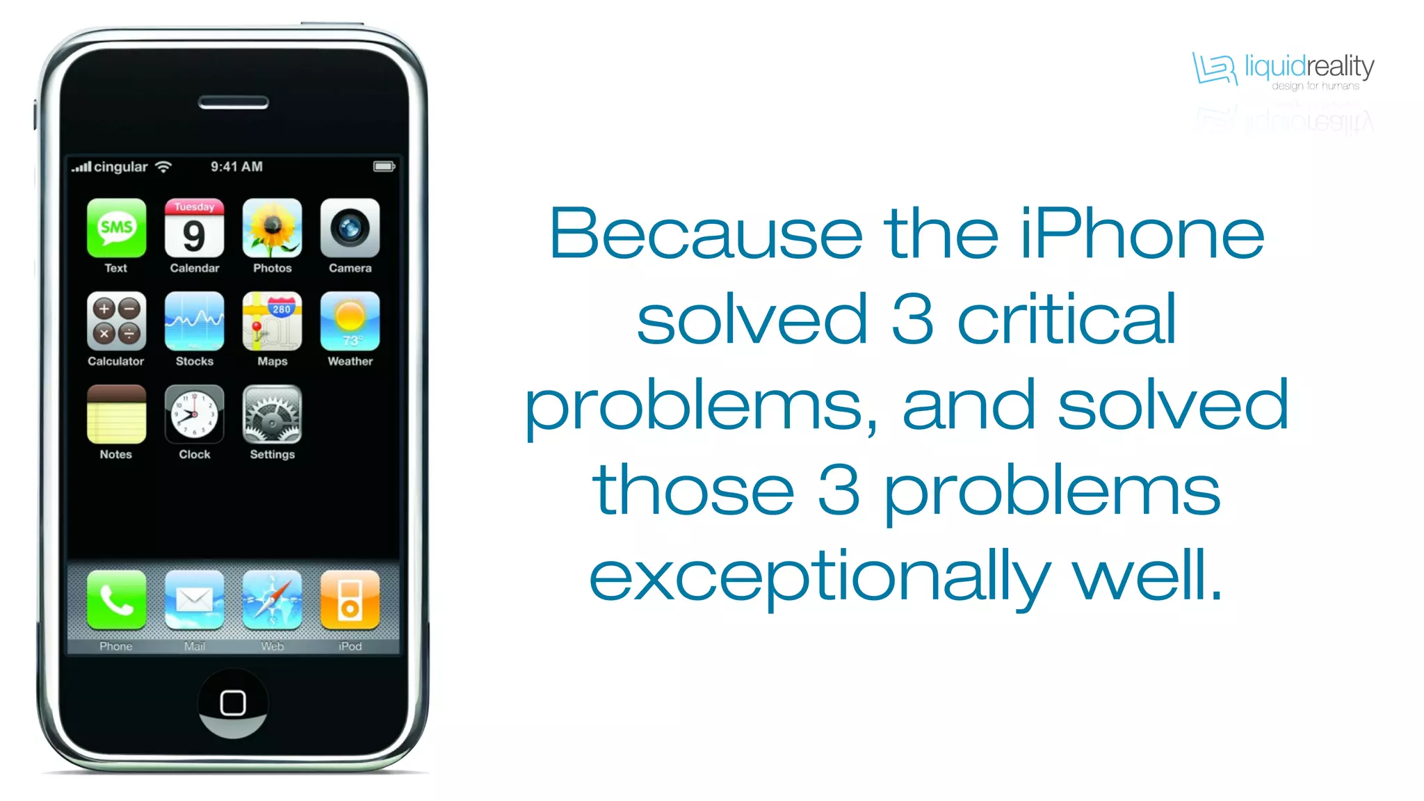 Because the iPhone
solved 3 critical
problems, and solved
those 3 problems
exceptionally well.
 