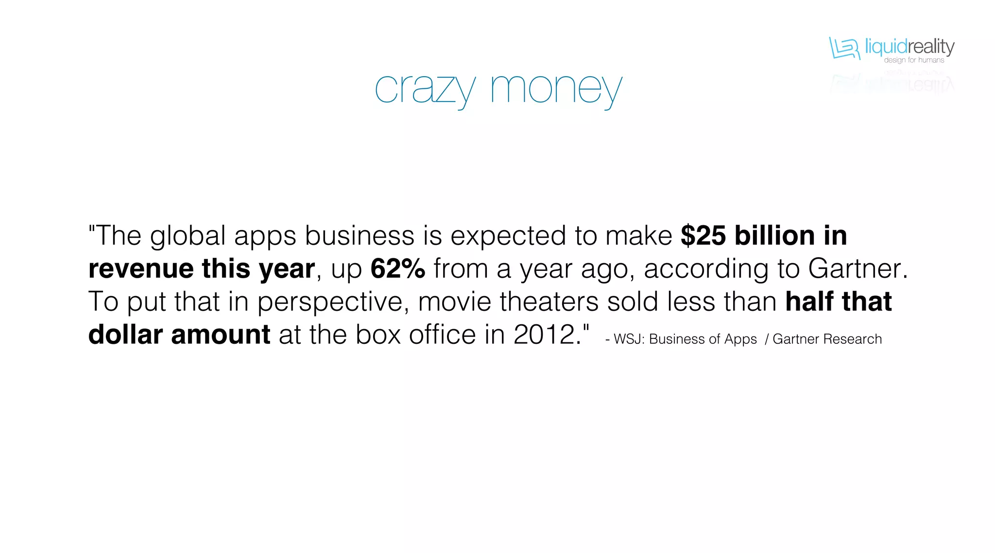 liquidrealitydesign for humans
liquidrealitydesign for humans
"The global apps business is expected to make $25 billion in
revenue this year, up 62% from a year ago, according to Gartner.
To put that in perspective, movie theaters sold less than half that
dollar amount at the box office in 2012." - WSJ: Business of Apps / Gartner Research
crazy money
 