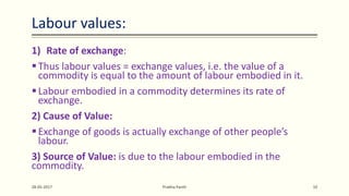 Labour values:
1) Rate of exchange:
Thus labour values = exchange values, i.e. the value of a
commodity is equal to the amount of labour embodied in it.
Labour embodied in a commodity determines its rate of
exchange.
2) Cause of Value:
Exchange of goods is actually exchange of other people’s
labour.
3) Source of Value: is due to the labour embodied in the
commodity.
28-05-2017 Prabha Panth 10
 