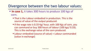 Divergence between the two labour values:
 In case 1, it takes 300 hours to produce 100 kgs of
corn.
 That is the Labour embodied in production. This is the
source of value of the output produced.
 If the wage rate is 0.33 Kg/ hour, with 100 Kgs of corn, you
can command or buy 300 hours of labour (100 kgs/ 0.33).
This is the exchange value of the corn produced.
 Labour embodied (source of value) = Labour commanded
(value in exchange)
28-05-2017 Prabha Panth 15
 