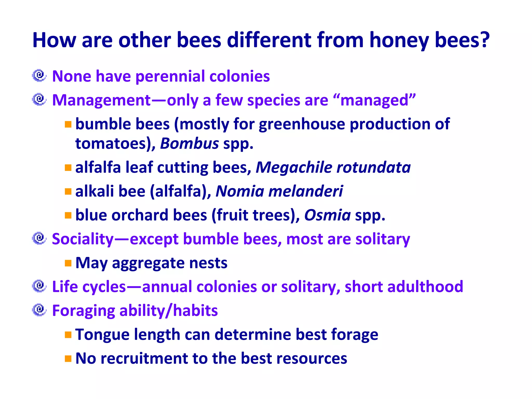 How are other bees different from honey bees? None have perennial colonies Management—only a few species are “managed” bumble bees (mostly for greenhouse production of tomatoes),  Bombus  spp.  alfalfa leaf cutting bees,  Megachile rotundata  alkali bee (alfalfa),  Nomia melanderi  blue orchard bees (fruit trees),  Osmia  spp.  Sociality—except bumble bees, most are solitary May aggregate nests Life cycles—annual colonies or solitary, short adulthood Foraging ability/habits Tongue length can determine best forage No recruitment to the best resources 
