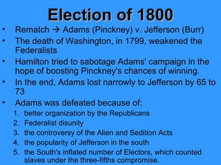 •
•
•
•
•

Election of 1800
Rematch  Adams (Pinckney) v. Jefferson (Burr)
The death of Washington, in 1799, weakened the
Federalists
Hamilton tried to sabotage Adams' campaign in the
hope of boosting Pinckney's chances of winning.
In the end, Adams lost narrowly to Jefferson by 65 to
73
Adams was defeated because of:
1.
2.
3.
4.
5.

better organization by the Republicans
Federalist disunity
the controversy of the Alien and Sedition Acts
the popularity of Jefferson in the south
the South's inflated number of Electors, which counted
slaves under the three-fifths compromise.

 