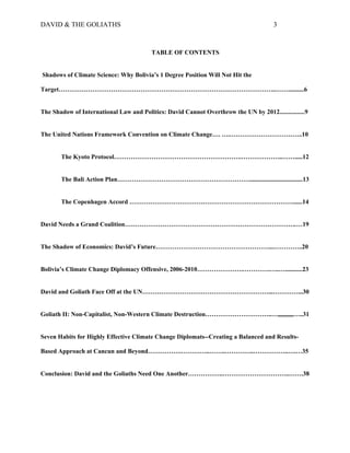 DAVID & THE GOLIATHS
TABLE OF CONTENTS
Shadows of Climate Science: Why Bolivia’s 1 Degree Position Will Not Hit the
Target...